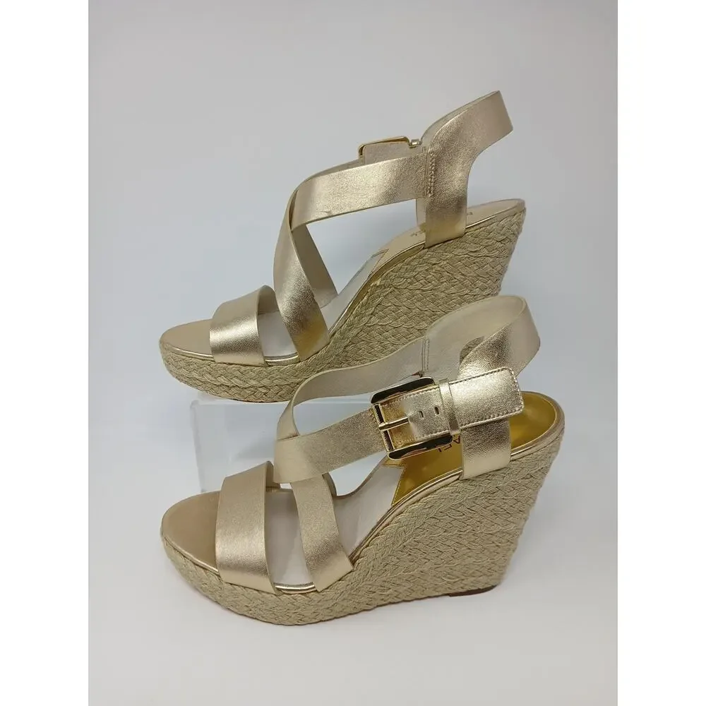 Michael Kors Giovanna MK Logo Pale Gold Espadrille Wedge Women’s US Size 10M New